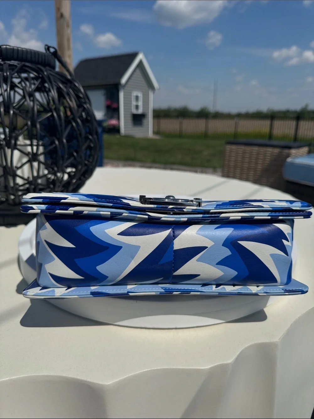 CHANEL Blue & White Chevron Boy Bag with Chain Strap